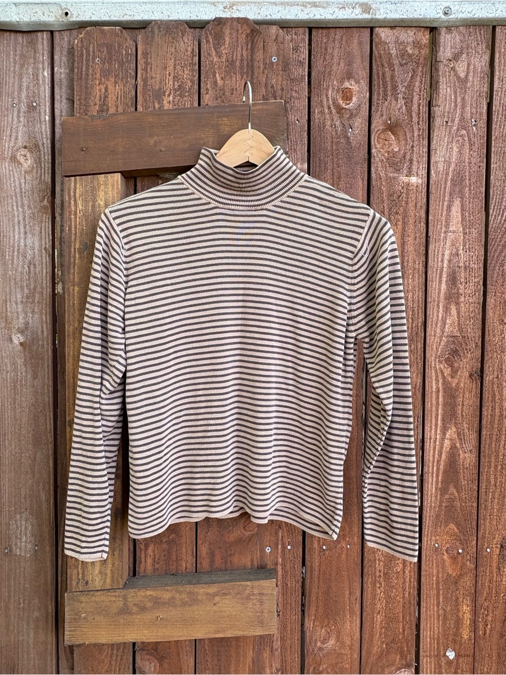 Vintage Talbot's Neutral Tan and Black Striped Silk Blend Turtleneck
